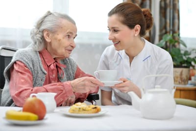 senior woman eats lunch with her caregiver